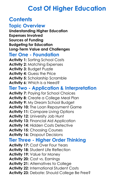 Cost Of Higher Education Worksheet Activity Booklet