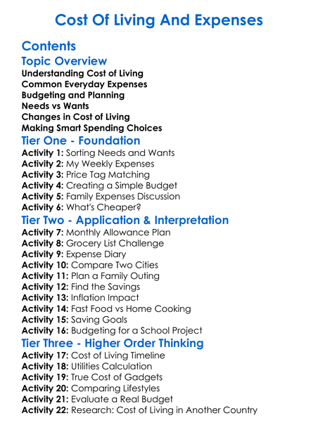 Cost Of Living And Expenses Worksheet Activity Booklet
