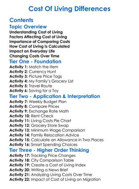 Cost Of Living Differences Worksheet Activity Booklet