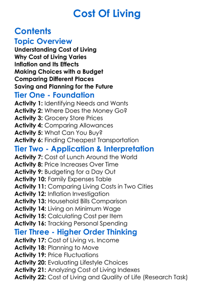 Cost Of Living Worksheet Activity Booklet