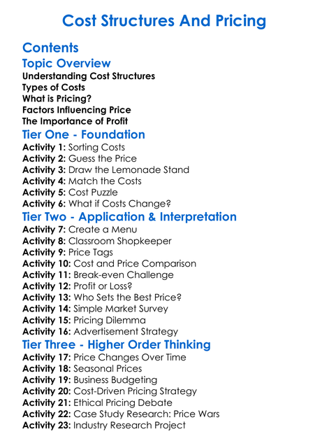 Cost Structures And Pricing Worksheet Activity Booklet
