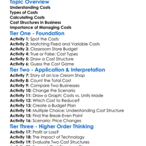 Cost Structures Worksheet Activity Booklet