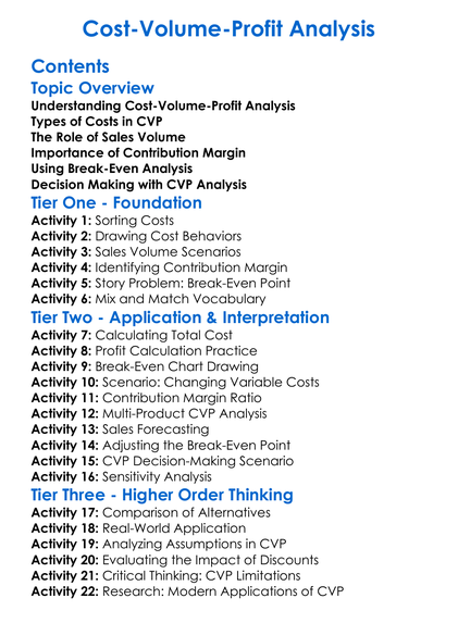Cost-Volume-Profit Analysis Worksheet Activity Booklet