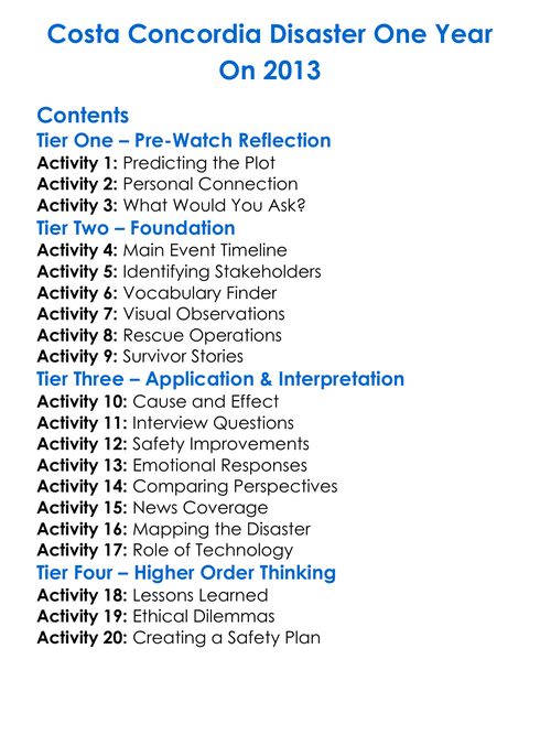 Costa Concordia Disaster One Year On 2013 Worksheet Activity Booklet