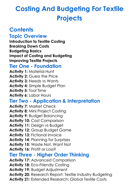Costing And Budgeting For Textile Projects Worksheet Activity Booklet