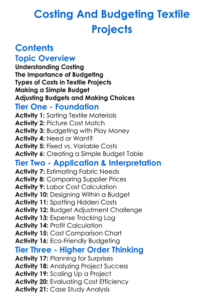 Costing And Budgeting Textile Projects Worksheet Activity Booklet