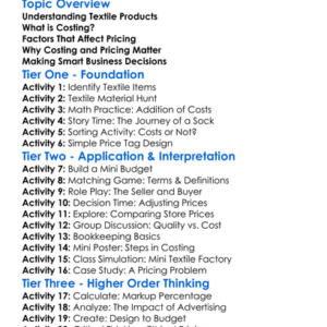 Costing And Pricing Textile Products Worksheet Activity Booklet