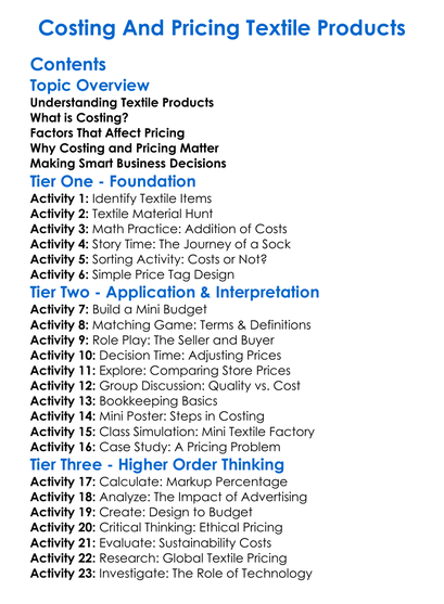 Costing And Pricing Textile Products Worksheet Activity Booklet
