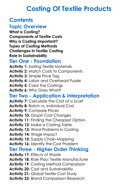 Costing Of Textile Products Worksheet Activity Booklet