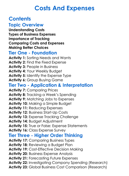Costs And Expenses Worksheet Activity Booklet