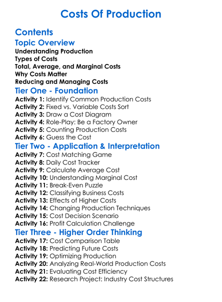 Costs Of Production Worksheet Activity Booklet
