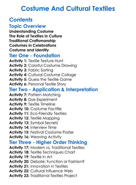 Costume And Cultural Textiles Worksheet Activity Booklet