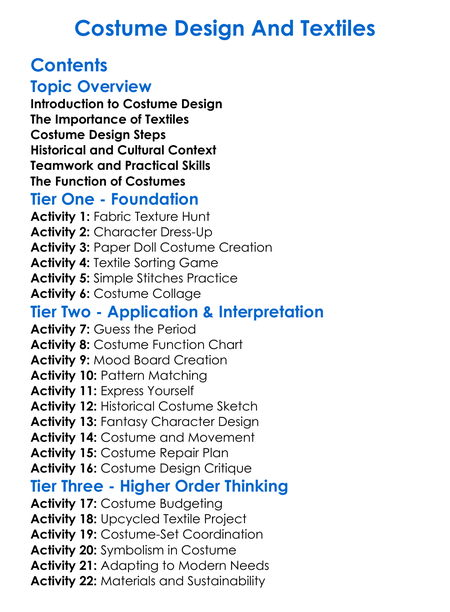 Costume Design And Textiles Worksheet Activity Booklet