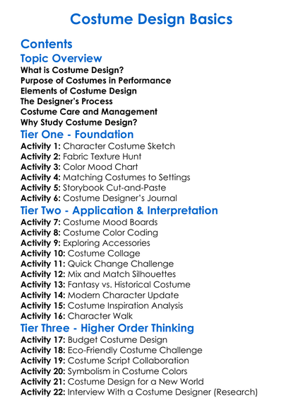 Costume Design Basics Worksheet Activity Booklet