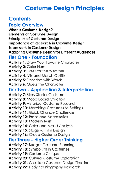 Costume Design Principles Worksheet Activity Booklet