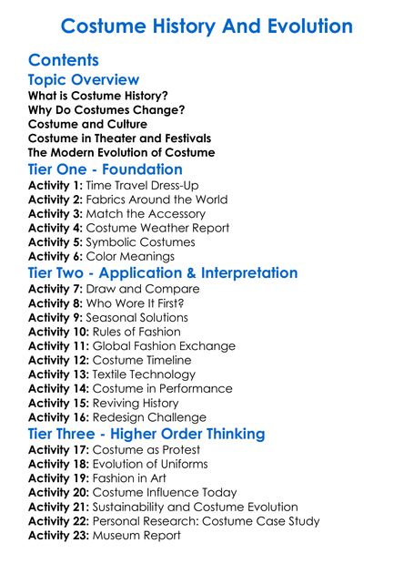 Costume History And Evolution Worksheet Activity Booklet