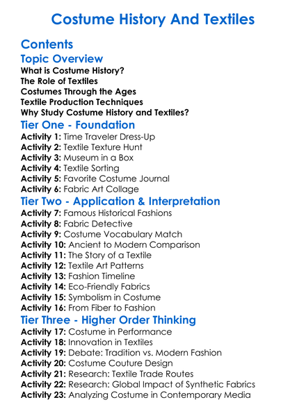 Costume History And Textiles Worksheet Activity Booklet