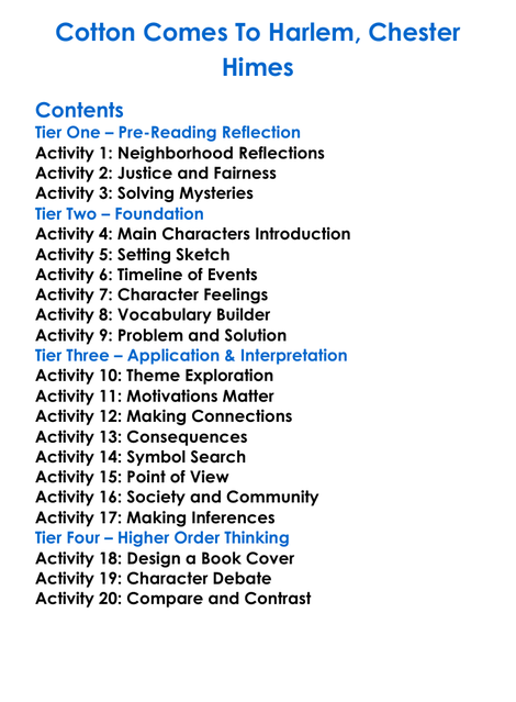 Cotton Comes To Harlem Chester Himes Worksheet Activity Booklet