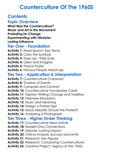Counterculture Of The 1960S Worksheet Activity Booklet