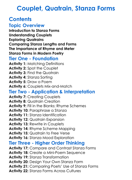 Couplet Quatrain Stanza Forms Worksheet Activity Booklet
