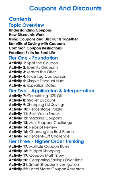 Coupons And Discounts Worksheet Activity Booklet
