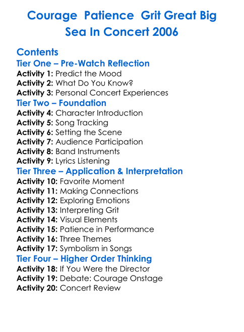 Courage Patience Grit Great Big Sea In Concert 2006 Worksheet Activity Booklet