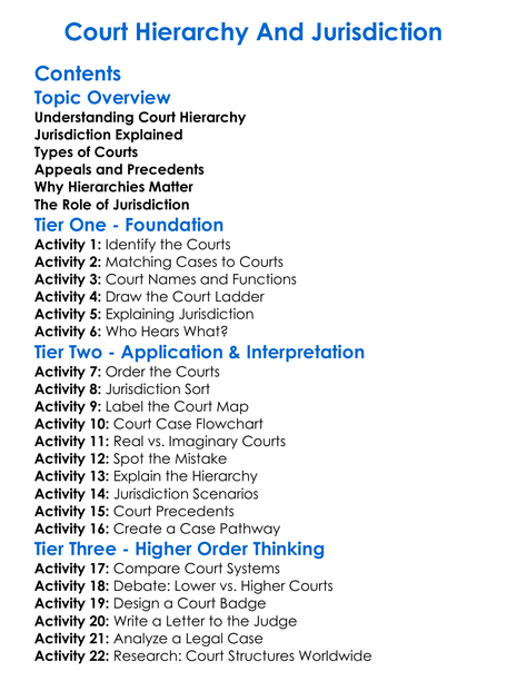 Court Hierarchy And Jurisdiction Worksheet Activity Booklet