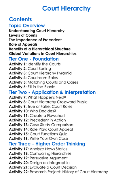 Court Hierarchy Worksheet Activity Booklet