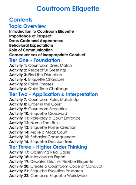 Courtroom Etiquette Worksheet Activity Booklet