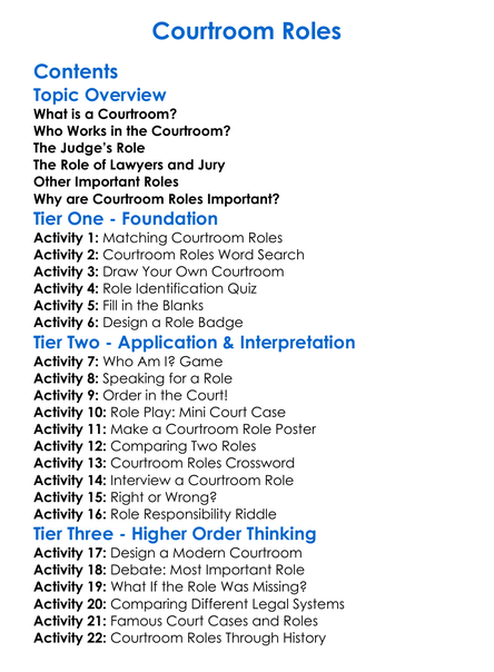 Courtroom Roles Worksheet Activity Booklet