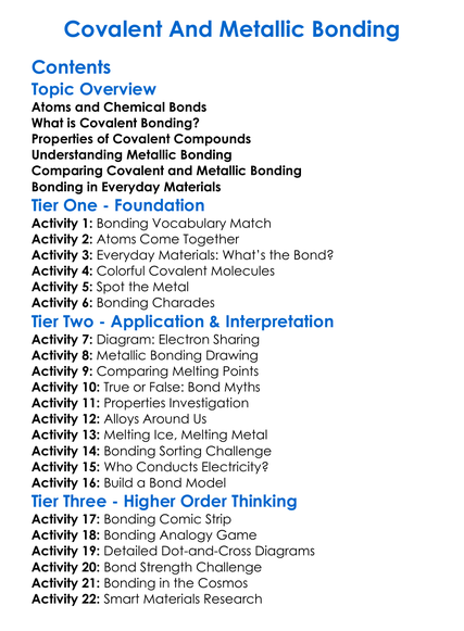 Covalent And Metallic Bonding Worksheet Activity Booklet