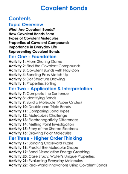 Covalent Bonds Worksheet Activity Booklet