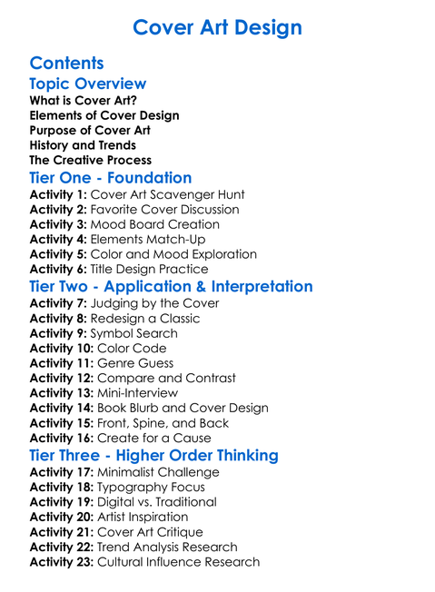 Cover Art Design Worksheet Activity Booklet