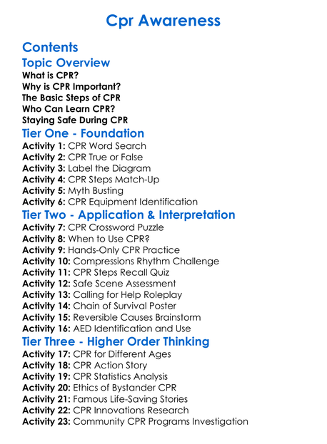 Cpr Awareness Worksheet Activity Booklet