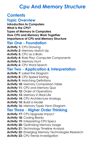 Cpu And Memory Structure Worksheet Activity Booklet