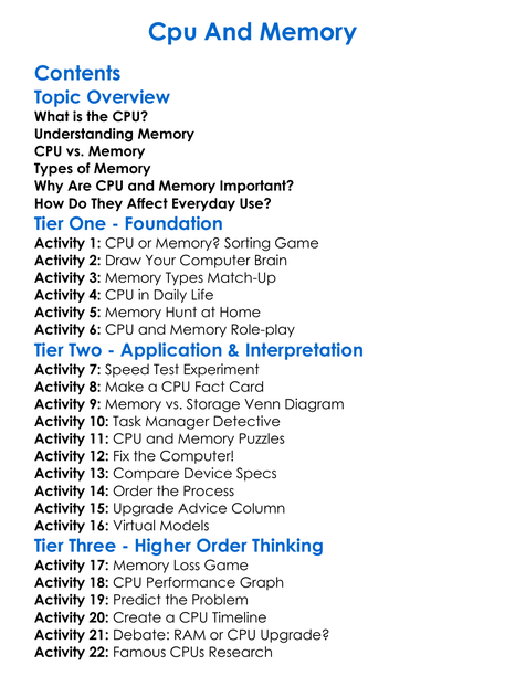 Cpu And Memory Worksheet Activity Booklet
