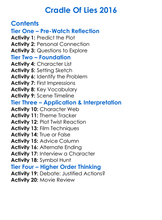 Cradle Of Lies 2016 Worksheet Activity Booklet