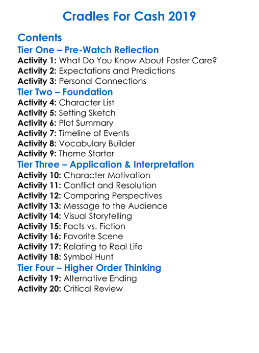 Cradles For Cash 2019 Worksheet Activity Booklet