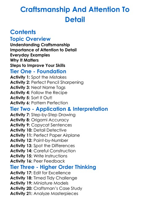 Craftsmanship And Attention To Detail Worksheet Activity Booklet
