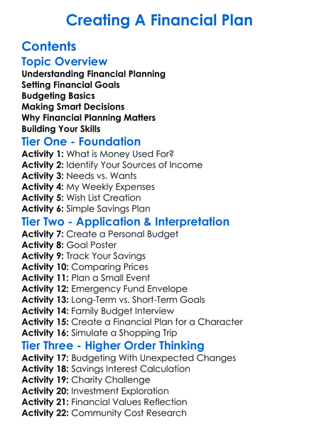 Creating A Financial Plan Worksheet Activity Booklet