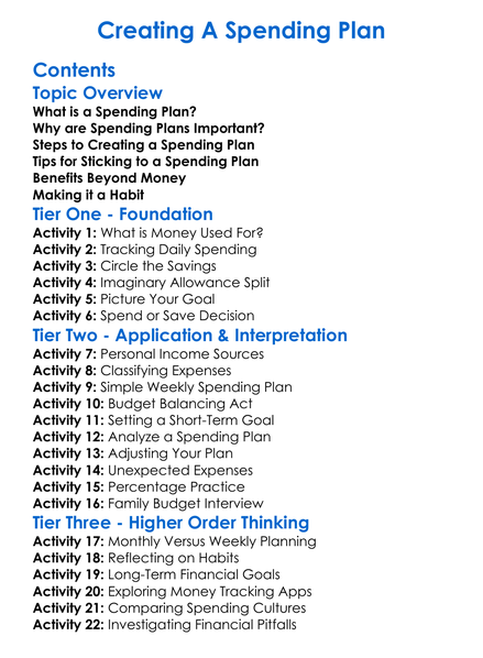 Creating A Spending Plan Worksheet Activity Booklet