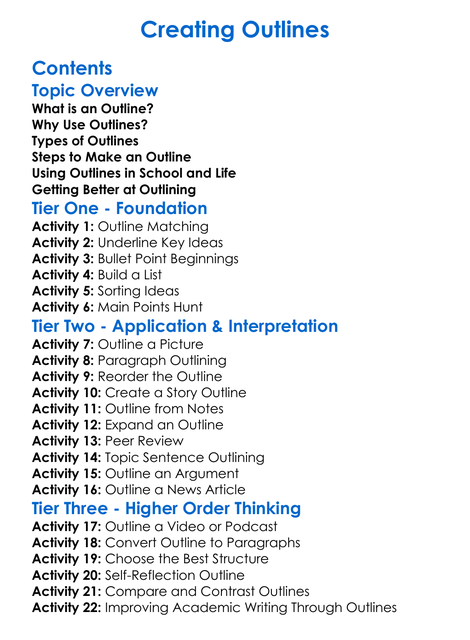 Creating Outlines Worksheet Activity Booklet