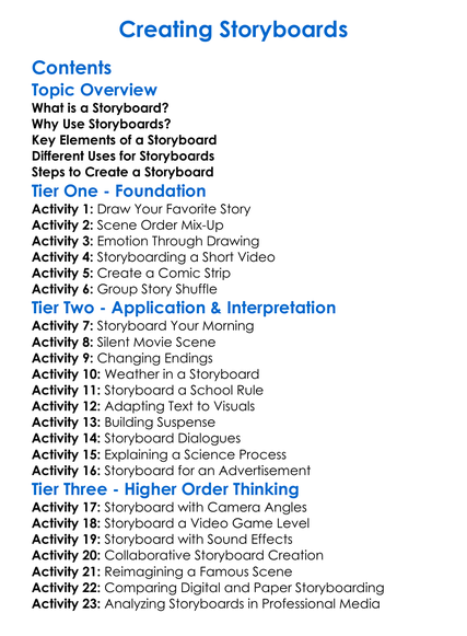 Creating Storyboards Worksheet Activity Booklet