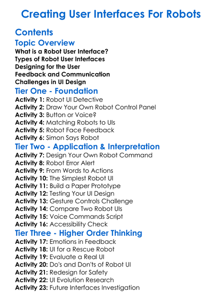 Creating User Interfaces For Robots Worksheet Activity Booklet