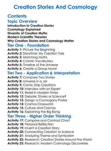 Creation Stories And Cosmology Worksheet Activity Booklet