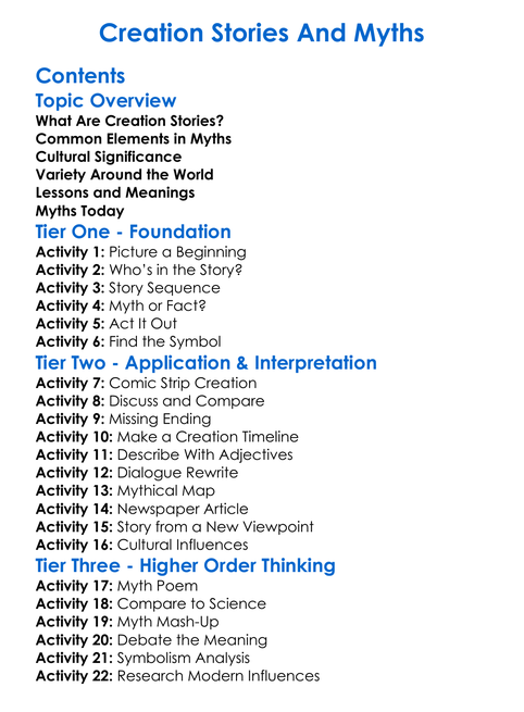 Creation Stories And Myths Worksheet Activity Booklet