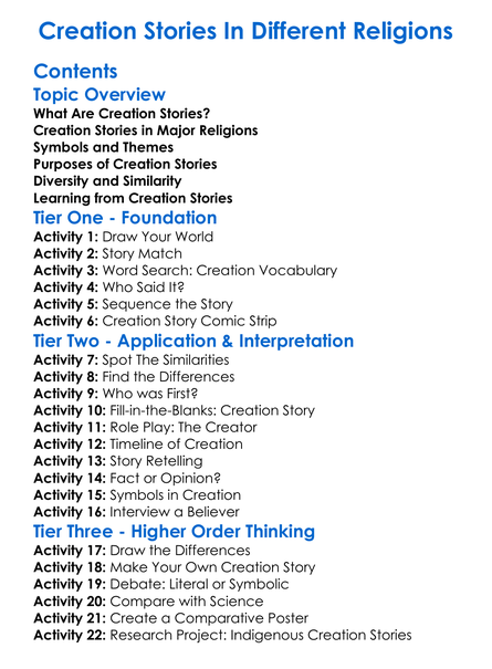 Creation Stories In Different Religions Worksheet Activity Booklet