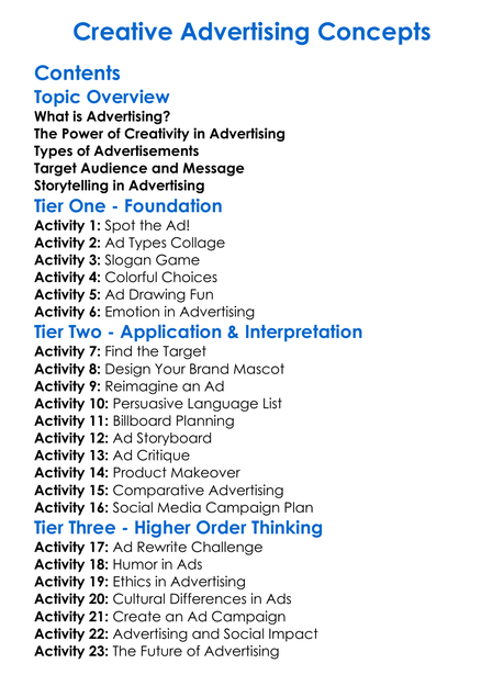 Creative Advertising Concepts Worksheet Activity Booklet
