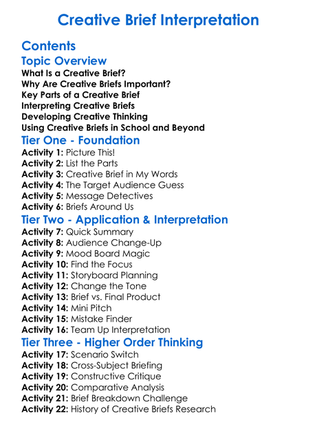 Creative Brief Interpretation Worksheet Activity Booklet