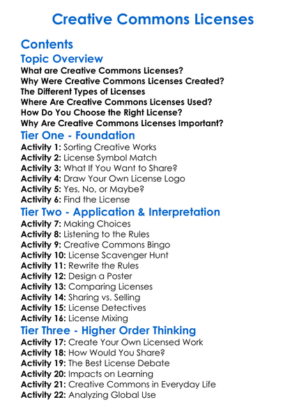 Creative Commons Licenses Worksheet Activity Booklet